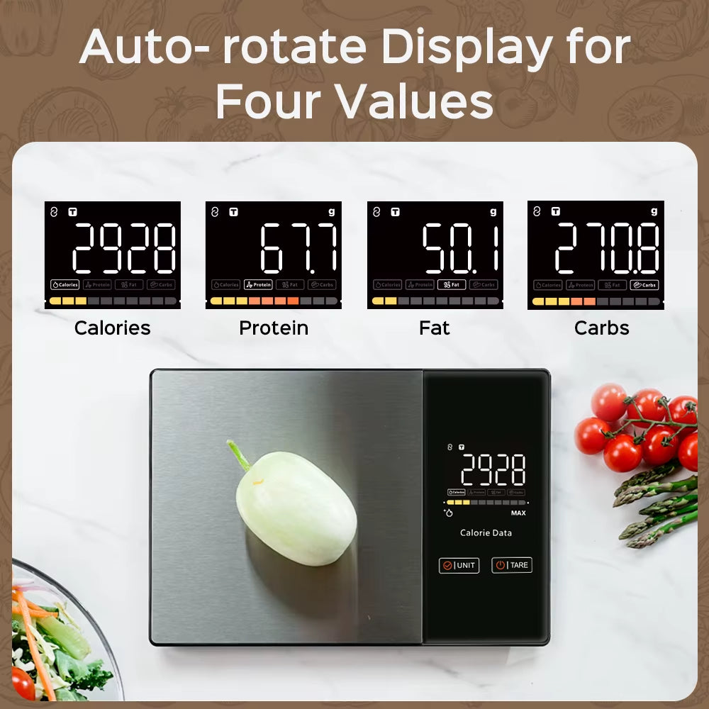 Smart Calorie-Tracking Kitchen Scale | Stainless Steel Precision Food Analyzer
