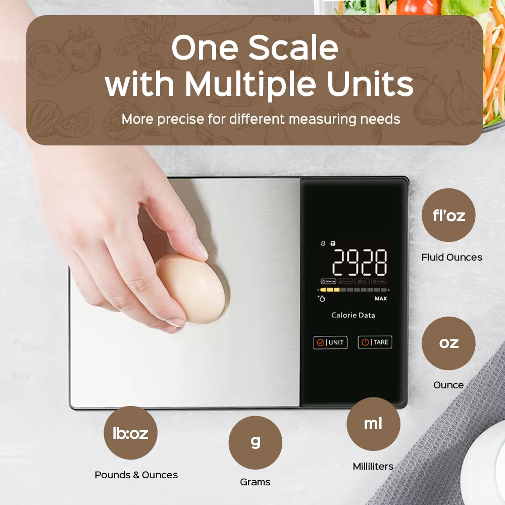Smart Calorie-Tracking Kitchen Scale | Stainless Steel Precision Food Analyzer