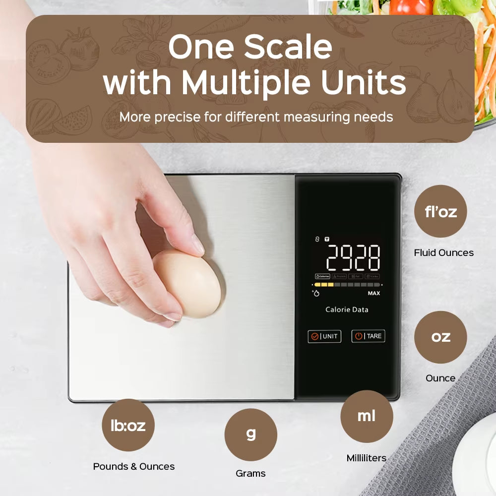 Smart Calorie-Tracking Kitchen Scale | Stainless Steel Precision Food Analyzer